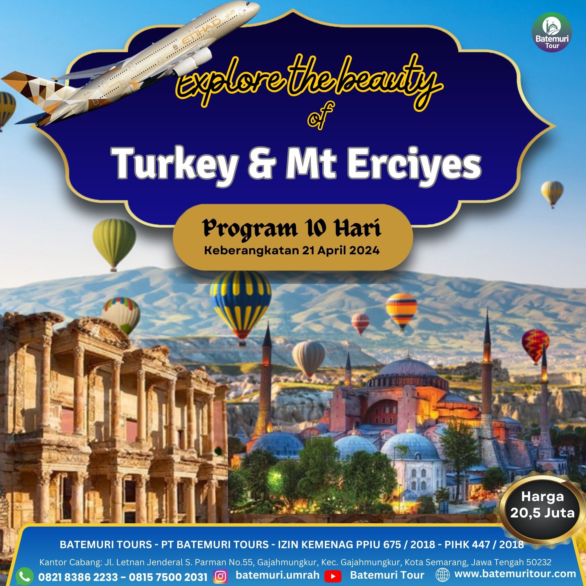 10 Days Journey Turkiye Tulip +MT Erciyes, RH Tour , Paket 10 hari 7 mlm, Keberangkatan 21 April 2024